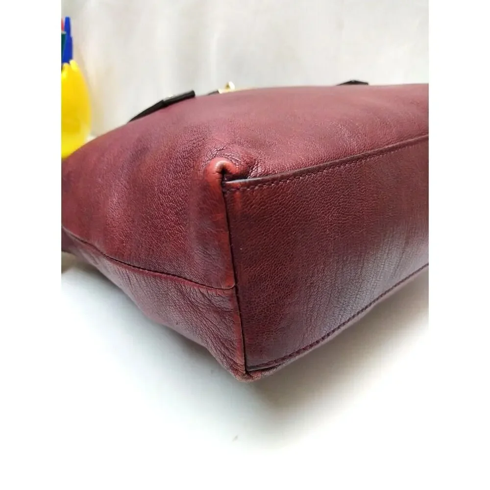 Michael Kors Maroon Leather Lock Double Handles Zipper Satchel Bag